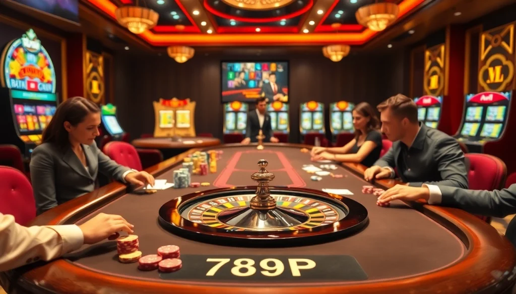 Players engaging in a high-stakes poker game at 789P's luxury casino scene.