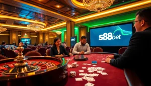 S88bet gaming experience with players at a casino table surrounded by poker chips and cards.