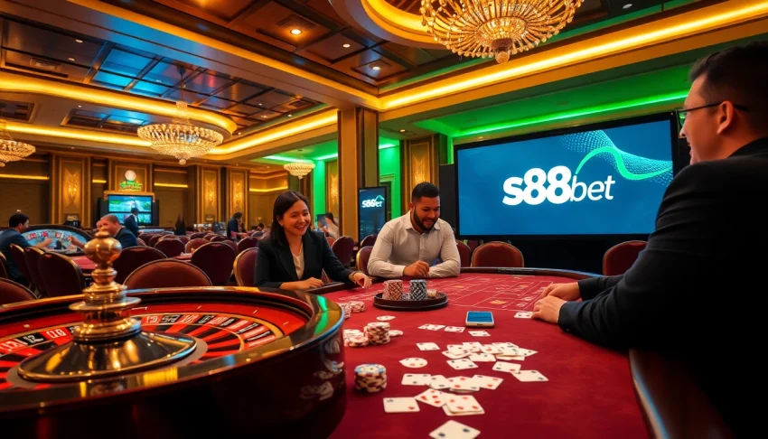 S88bet gaming experience with players at a casino table surrounded by poker chips and cards.