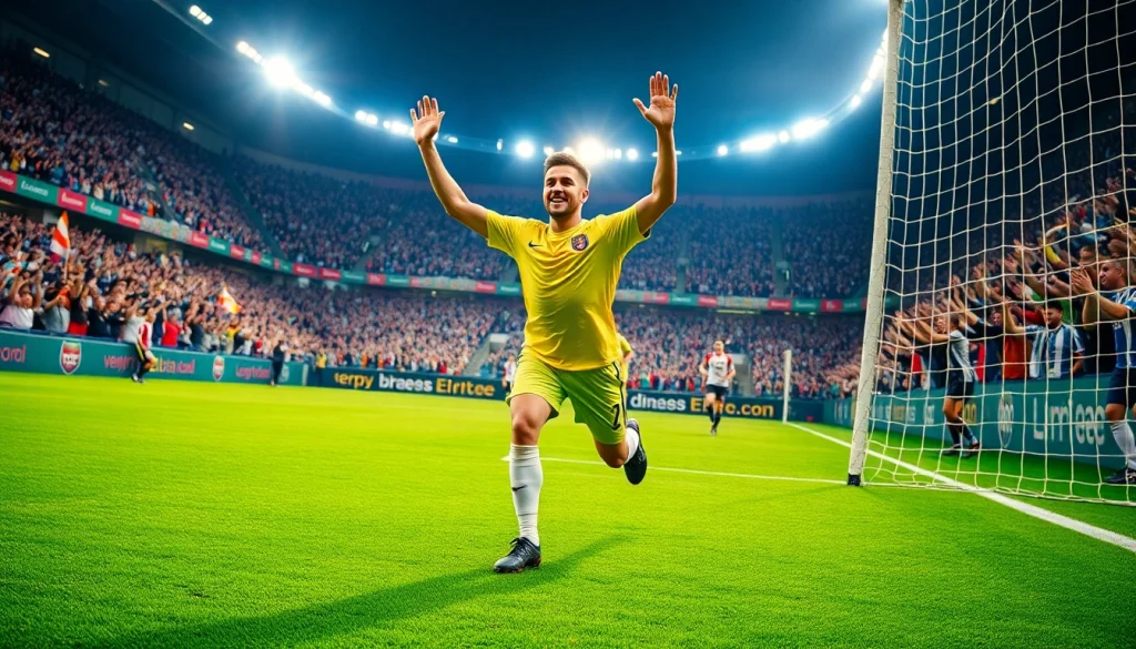 Celebrate football victories with ผลบอลบ้าน as a player scores in a vibrant stadium.