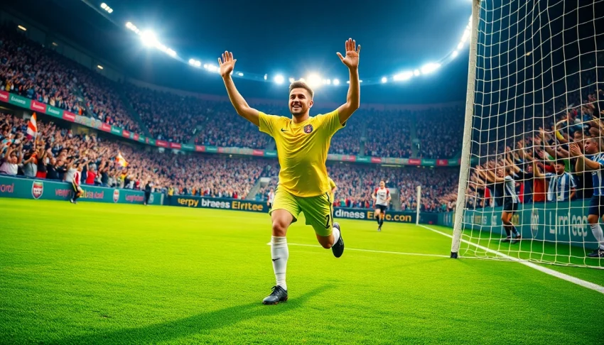 Celebrate football victories with ผลบอลบ้าน as a player scores in a vibrant stadium.