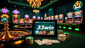 Experience the thrill of gambling at 33win with immersive casino visuals featuring roulette and stylish gaming elements.