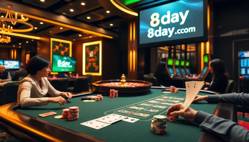 Action-packed casino scene showcasing poker, roulette, and the 8day.cn.com gaming experience.