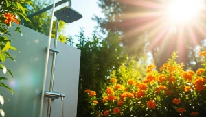 Experience a sunny shower USA in a modern outdoor setup with vibrant flowers, creating a relaxing atmosphere.
