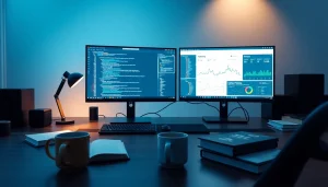 Software engineering workspace with code and finance dashboard on monitors.