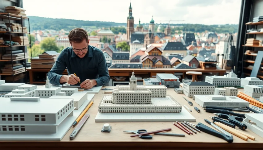 Architekturmodellbau Freiburg: Detaillierte miniature Modelle und Handwerkskunst in einem lebendigen Workshop.