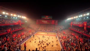 Exciting live cockfighting event at SV368 with vibrant crowd and traditional elements.