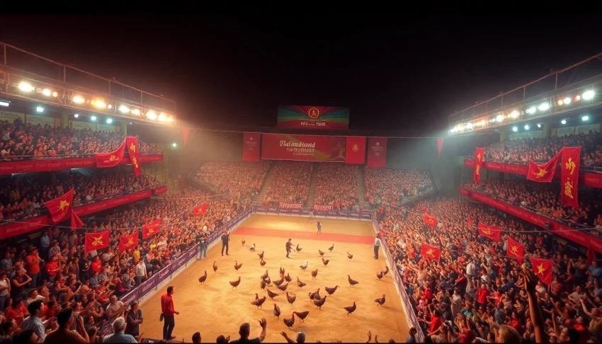 Exciting live cockfighting event at SV368 with vibrant crowd and traditional elements.