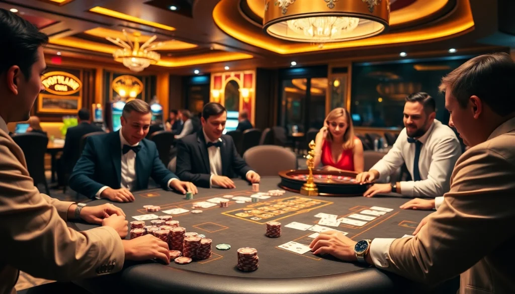 Players engaging in an exciting poker game at thabethome com casino, surrounded by colorful chips and cards.