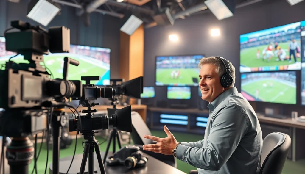 Engaging live action in Sports Broadcasting studio highlighting presenters and advanced equipment.