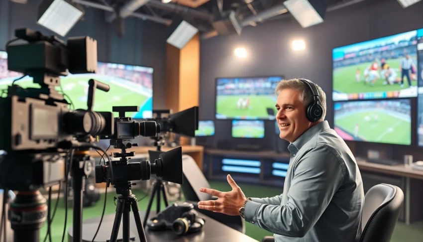 Engaging live action in Sports Broadcasting studio highlighting presenters and advanced equipment.