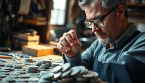 Compro argento con artigiano mentre esamina monete d'argento in un laboratorio luminoso.