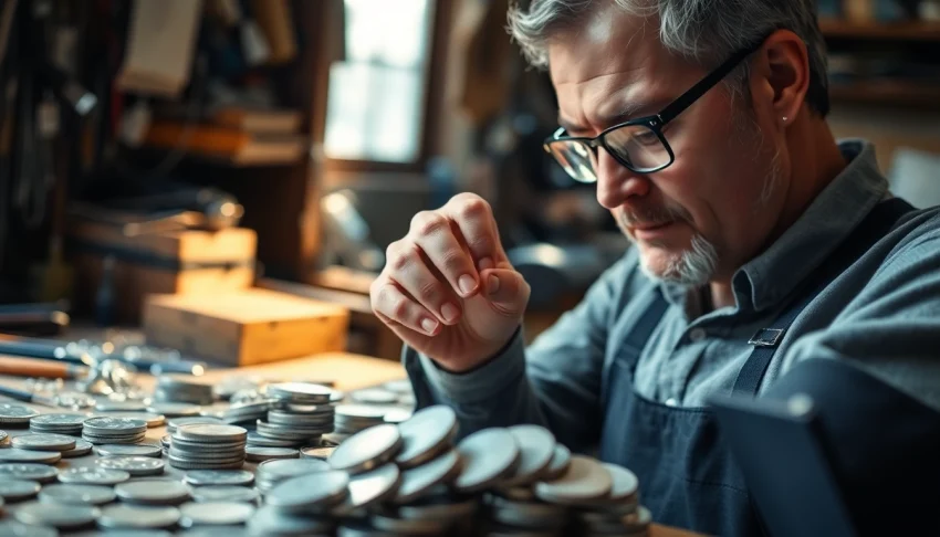 Compro argento con artigiano mentre esamina monete d'argento in un laboratorio luminoso.