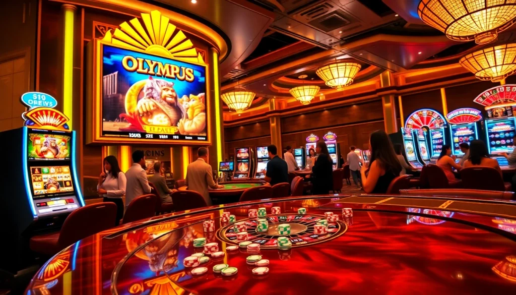 Excited players enjoying the Olympus slot game at a vibrant casino.