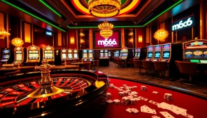 Experience the thrill of gambling at mb66.nyc with vibrant casino visuals showcasing roulette and slots.