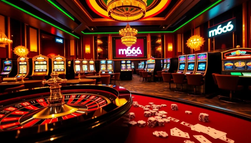 Experience the thrill of gambling at mb66.nyc with vibrant casino visuals showcasing roulette and slots.