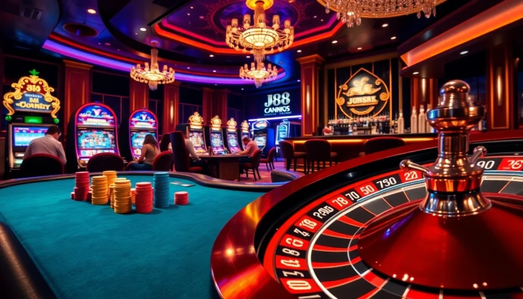 Engaging players at a j88 casino table with vibrant chips and dynamic slot machines.