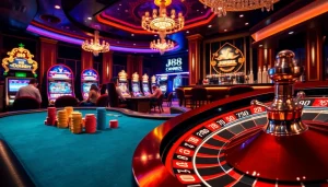 Engaging players at a j88 casino table with vibrant chips and dynamic slot machines.