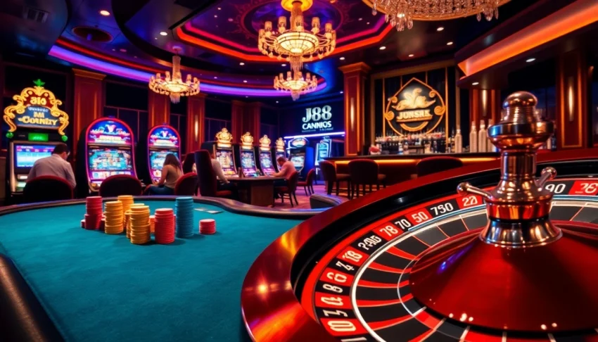Engaging players at a j88 casino table with vibrant chips and dynamic slot machines.
