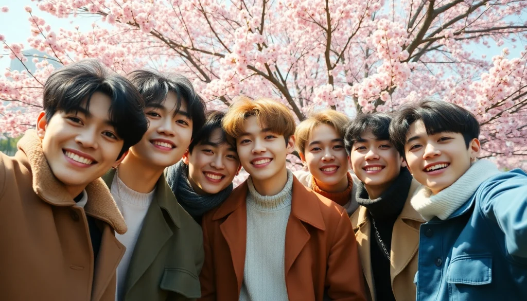 Fans celebrate bts news with BTS members in a vibrant cherry blossom setting.