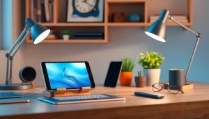 MMOO wooden smartphone holder on a modern workspace desk for tech-savvy families.