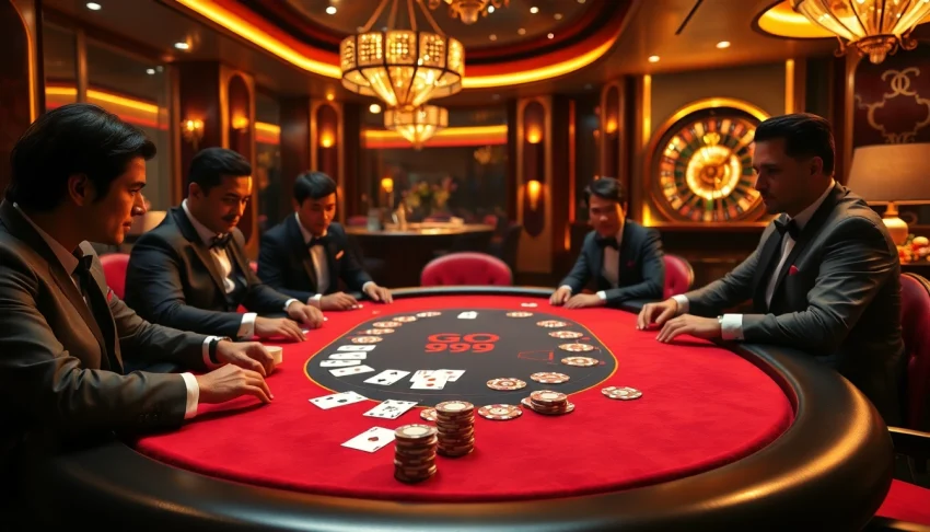 High-stakes poker table at GO99 casino, showcasing exciting gameplay with poker chips and cards.