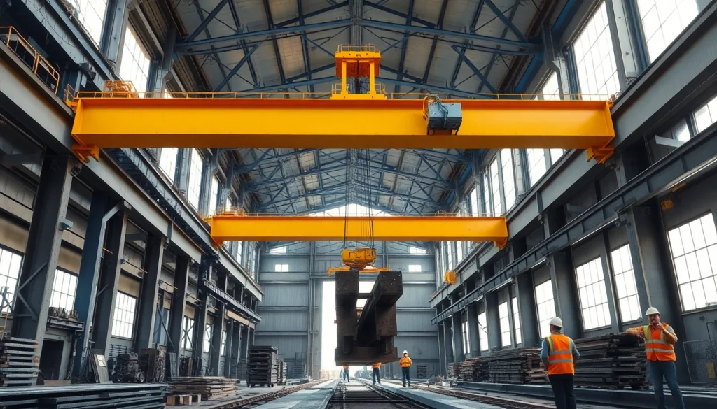 Double girder bridge crane lifting heavy beams in an industrial setting, showcasing strength and innovation.