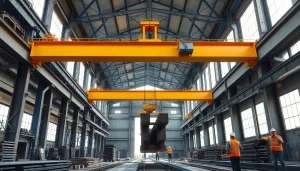 Double girder bridge crane lifting heavy beams in an industrial setting, showcasing strength and innovation.