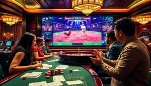 Engaged players at a nhà cái đá gà betting table, surrounded by casino excitement.