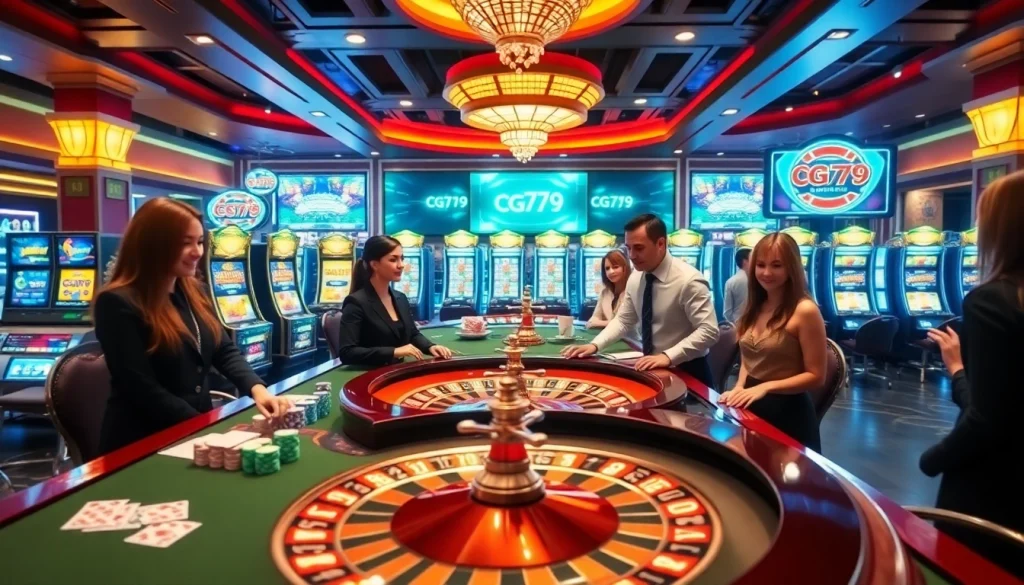 Trải nghiệm chơi game hấp dẫn tại cg79 với bàn casino sống động, chip poker và các máy đánh bạc đầy màu sắc.
