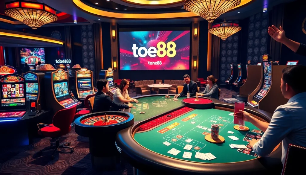 Tobet88 online gaming excitement with poker, slots, and roulette in a vibrant casino atmosphere.