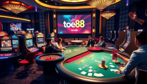 Tobet88 online gaming excitement with poker, slots, and roulette in a vibrant casino atmosphere.