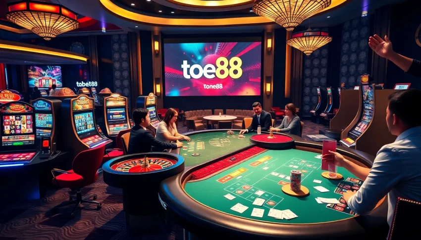 Tobet88 online gaming excitement with poker, slots, and roulette in a vibrant casino atmosphere.