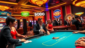 Exciting gaming action at SODO Casino with vibrant tables, players, and slot machines.