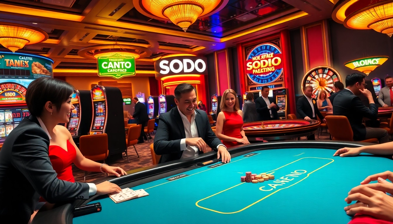 Exciting gaming action at SODO Casino with vibrant tables, players, and slot machines.