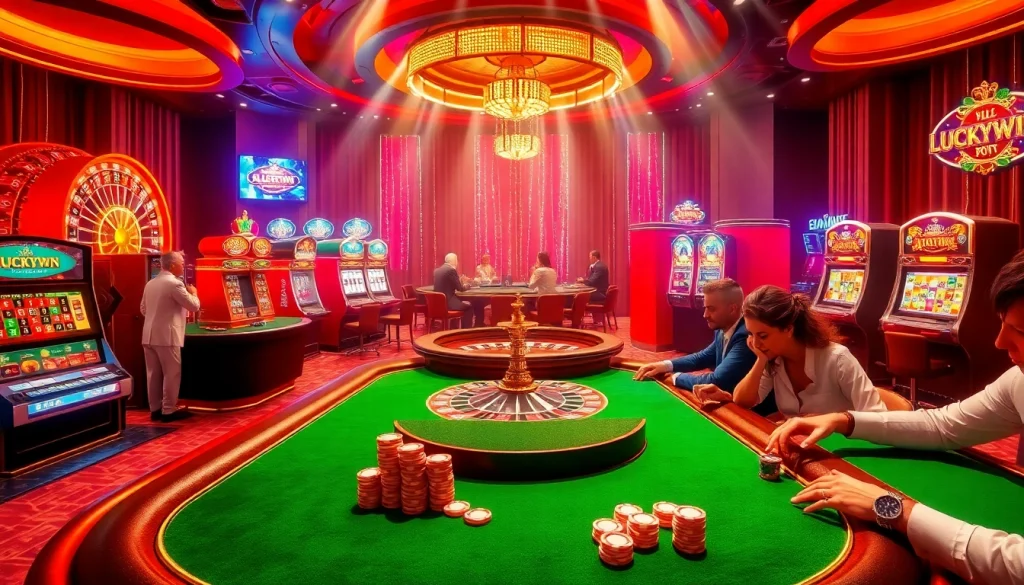 Players enjoying thrilling games at Luckywin casino, featuring roulette, slots, and poker.