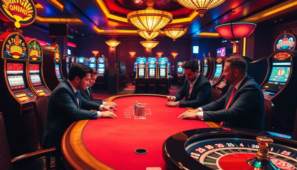 An engaging scene of professional players at a poker table with immigration lawyer perth discussing strategies amidst vibrant casino elements.
