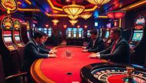 An engaging scene of professional players at a poker table with immigration lawyer perth discussing strategies amidst vibrant casino elements.