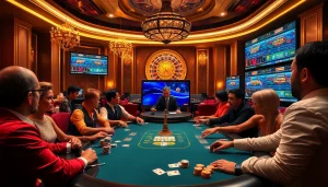 Players engaging in an exciting poker game at https://hm88.blue/ casino with vibrant chips and cards.