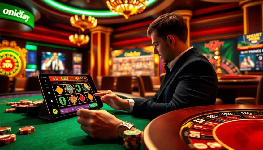 Experience the thrilling excitement of onicplay with vibrant casino visuals showcasing online slot machines and gaming tables.