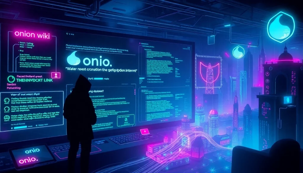 The hidden wiki represented in an immersive cyberpunk environment with neon-lit links and digital shadows.