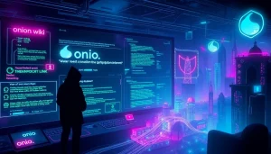 The hidden wiki represented in an immersive cyberpunk environment with neon-lit links and digital shadows.
