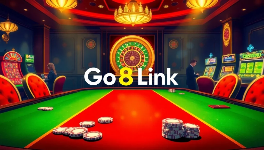 The exciting Go8 Link scene captures professional gamblers at a luxury casino table, showcasing poker chips and a roulette wheel.