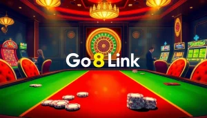 The exciting Go8 Link scene captures professional gamblers at a luxury casino table, showcasing poker chips and a roulette wheel.