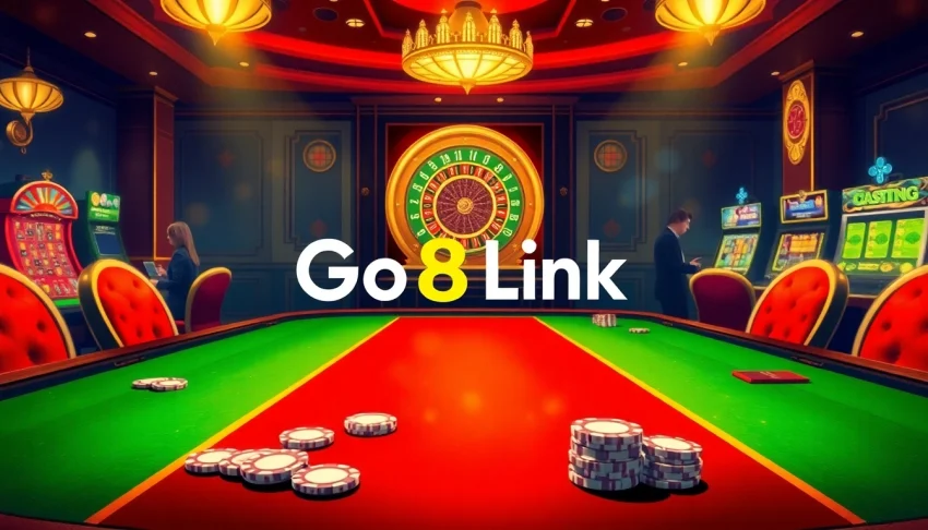 The exciting Go8 Link scene captures professional gamblers at a luxury casino table, showcasing poker chips and a roulette wheel.