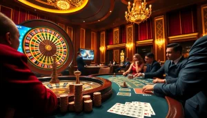 Players enjoy an engaging MK 8 poker game at an elegant casino, surrounded by roulette and chips.