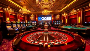 Experience thrilling gameplay at GG88's luxurious casino venue with poker chips and a roulette table.