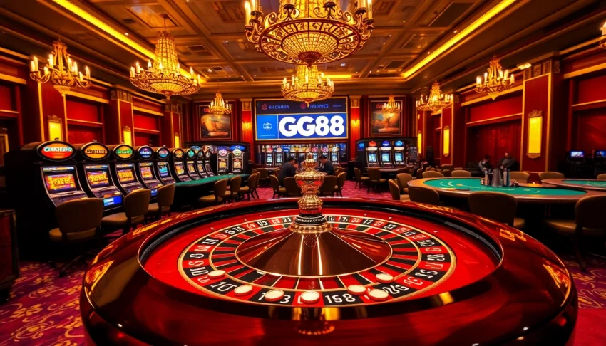 Experience thrilling gameplay at GG88's luxurious casino venue with poker chips and a roulette table.
