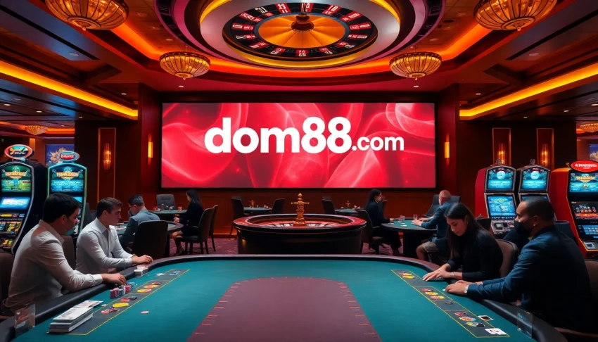 Experience high-stakes gambling excitement at dom88.us.com featuring a glamorous casino scene with poker and roulette.
