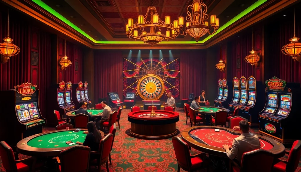 Experience thrilling gameplay at nhà cái luck8 with vibrant casino scenes featuring poker tables and slot machines.